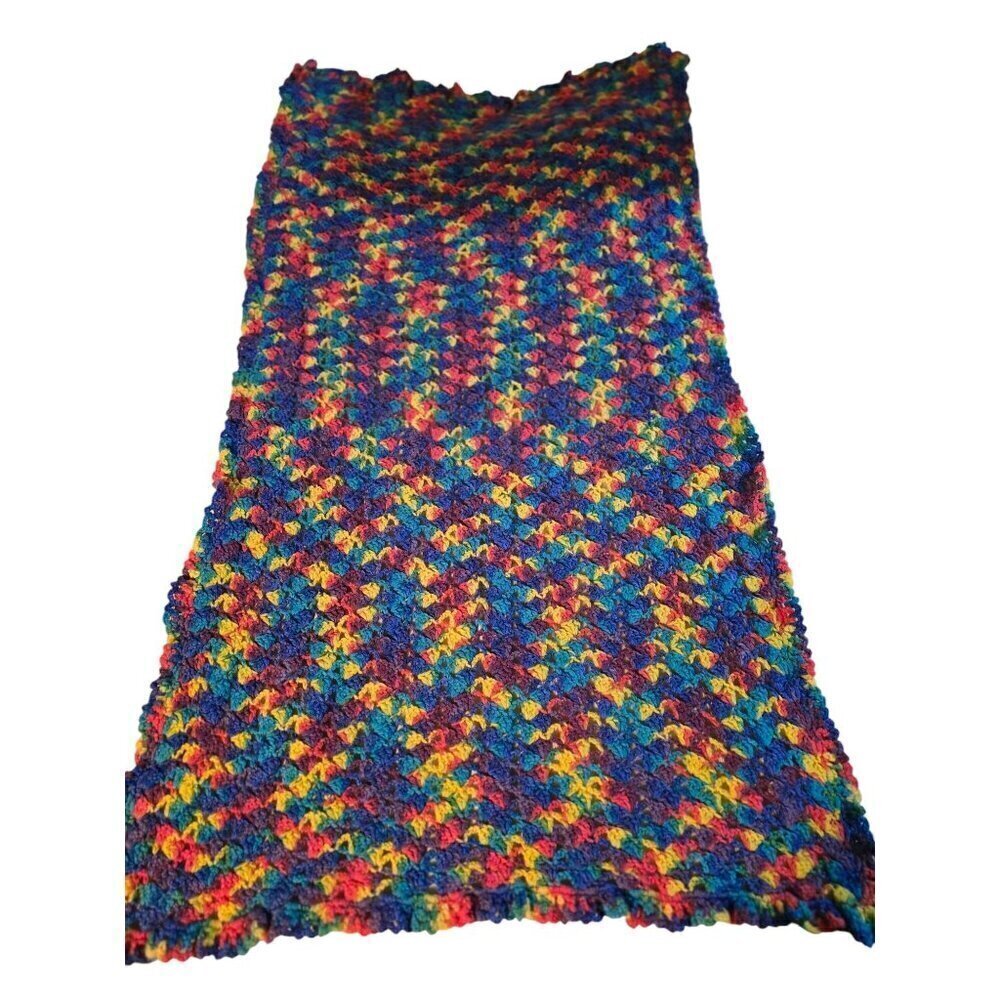Vintage Handmade Colorful Knit Throw Blanket Pink Yellow Blue